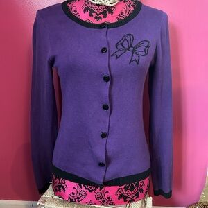 Sourpuss Sugar Skull Purple Cardigan with Black Bow Detail